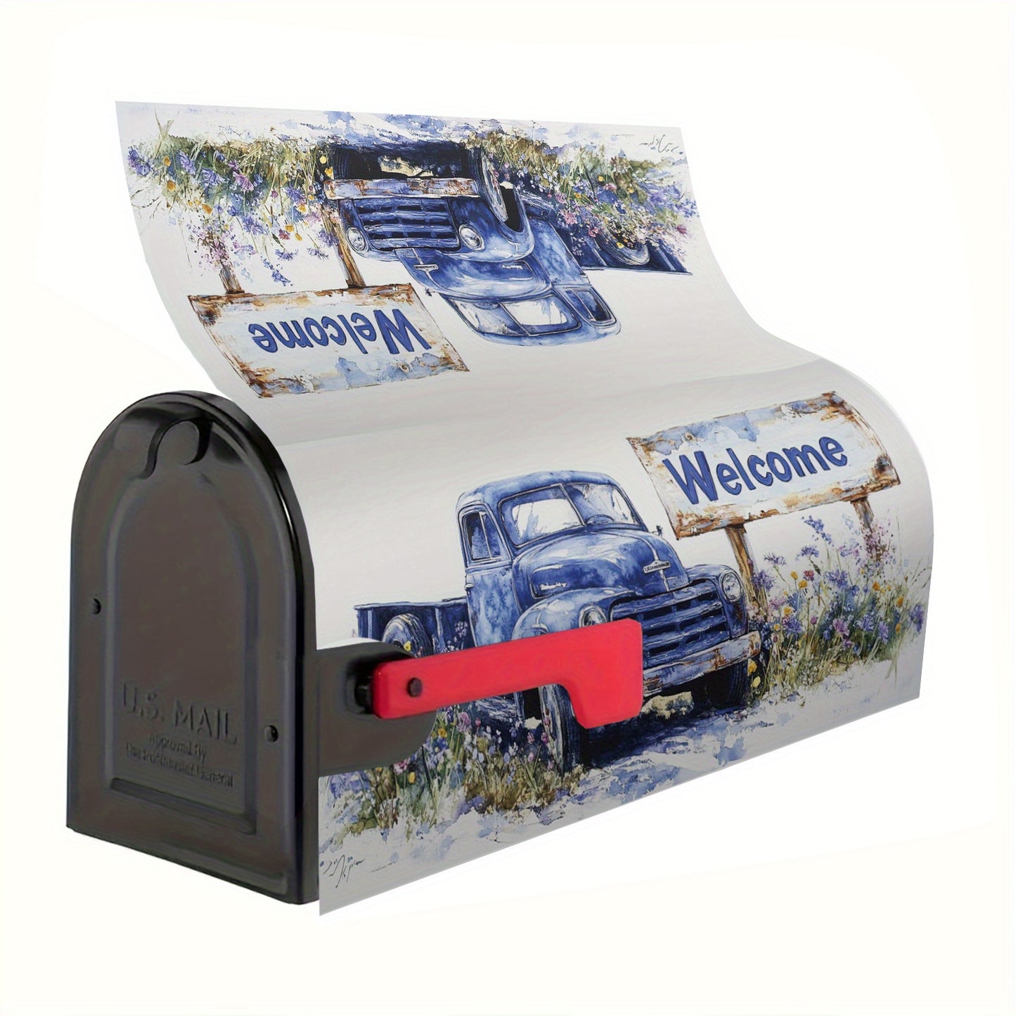 Blue Truck with Florals Mailbox Cover – Magnetic, 18" x 21"