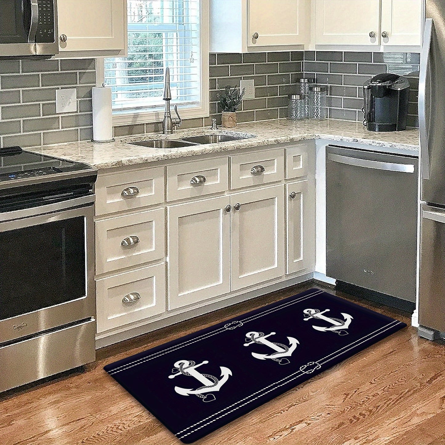 Navy Blue Nautical Anchor Runner Mat – Soft Flannel, Non-Slip, Machine Washable, 5'x1.5'