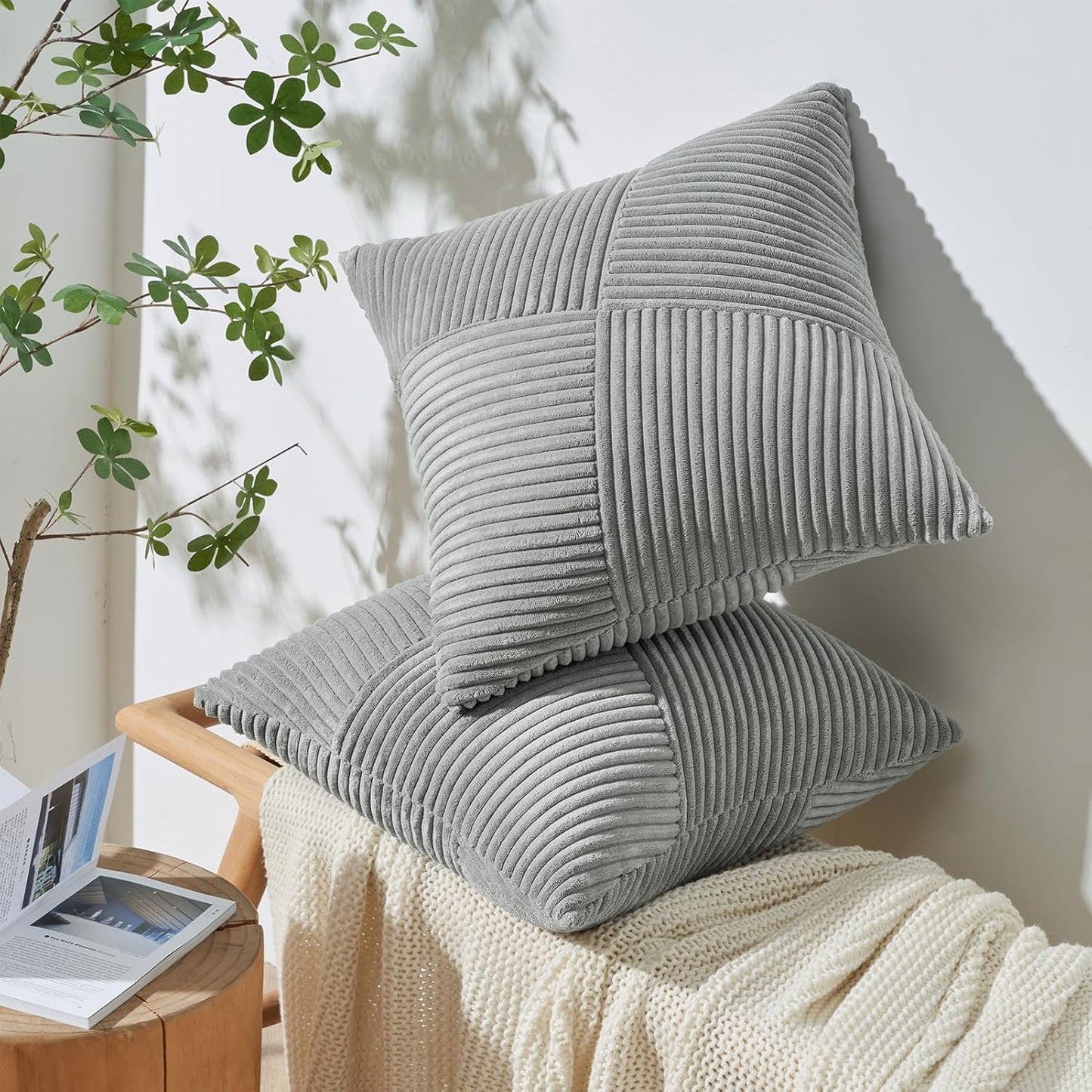Bohemian 18x18 inch corduroy pillow cover with windmill striped splicing pattern in light gray and dark gray, styled on a sofa for home décor – Coastal Pillows Plus.