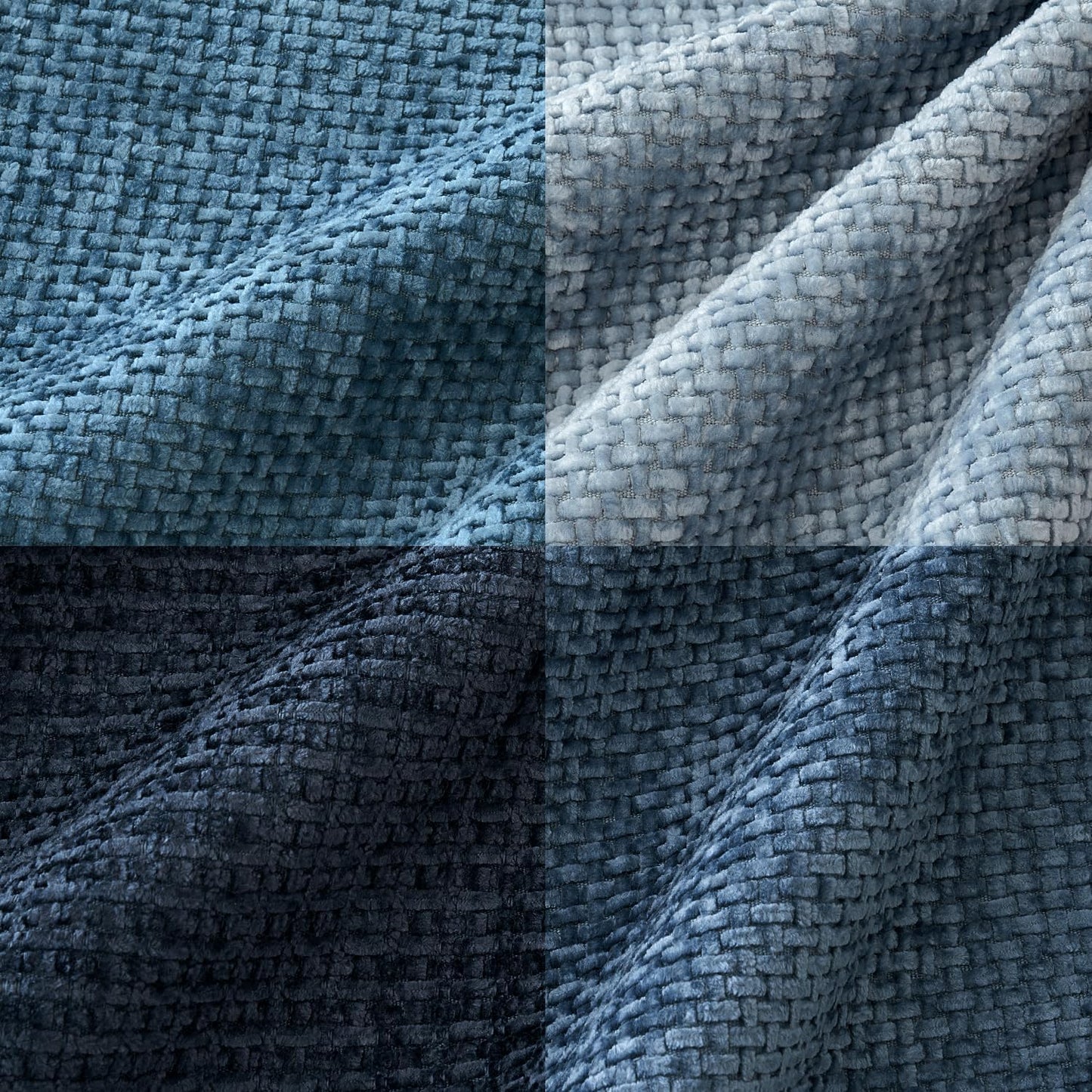Textured 18x18 inch pillow covers in Storm Blue, Chambray, Steel, and Indigo showing a dense woven grid pattern, styled on a neutral sofa for coastal décor – Coastal Pillows Plus.