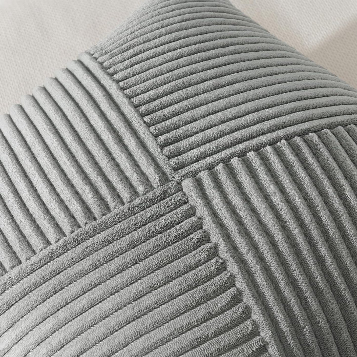 Textured Corduroy Patchwork Pillow Cover with Striped Panels – Gray (18x18)