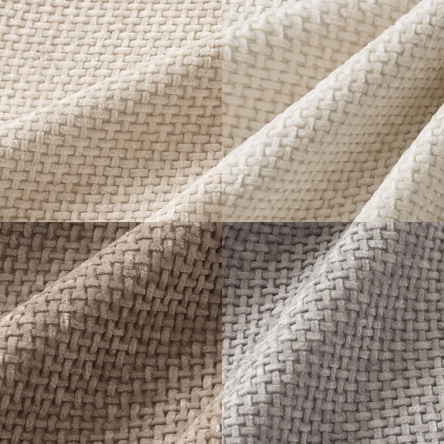 Atmospheric 18x18 inch pillow covers in sandstone, driftwood, taupe, and slate showing a dense woven grid pattern for coastal décor – Coastal Pillows Plus.