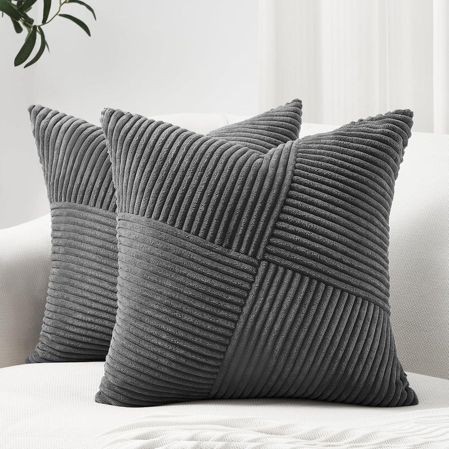 Textured Corduroy Patchwork Pillow Cover with Striped Panels – Gray (18x18)