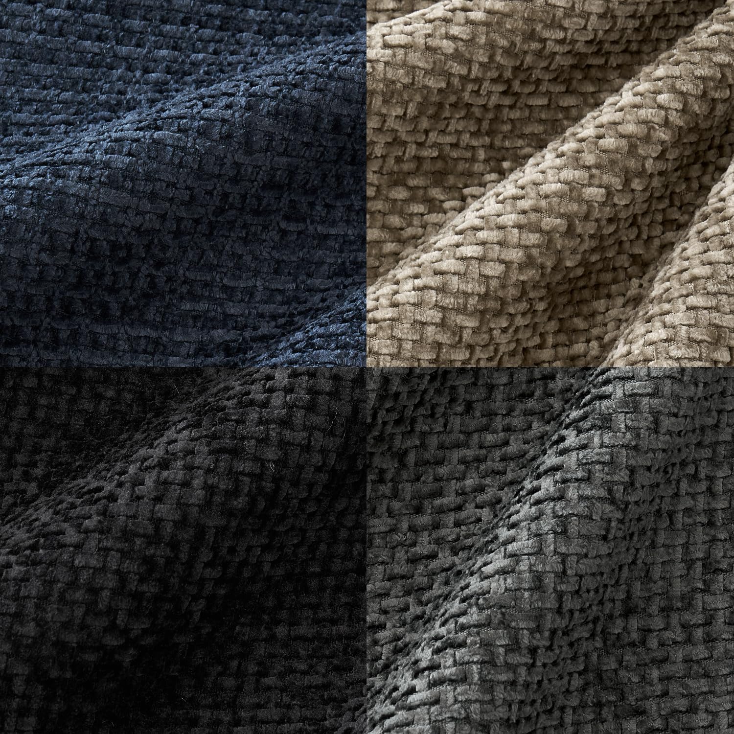 Naturally Toned 18x18 inch pillow covers in Warm Taupe, Slate Grey, Pebble, and Black showing a dense woven grid pattern, styled on a neutral sofa for coastal décor – Coastal Pillows Plus.