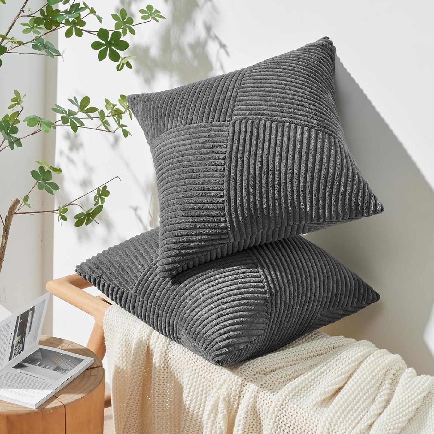 Textured Corduroy Patchwork Pillow Cover with Striped Panels – Gray (18x18)