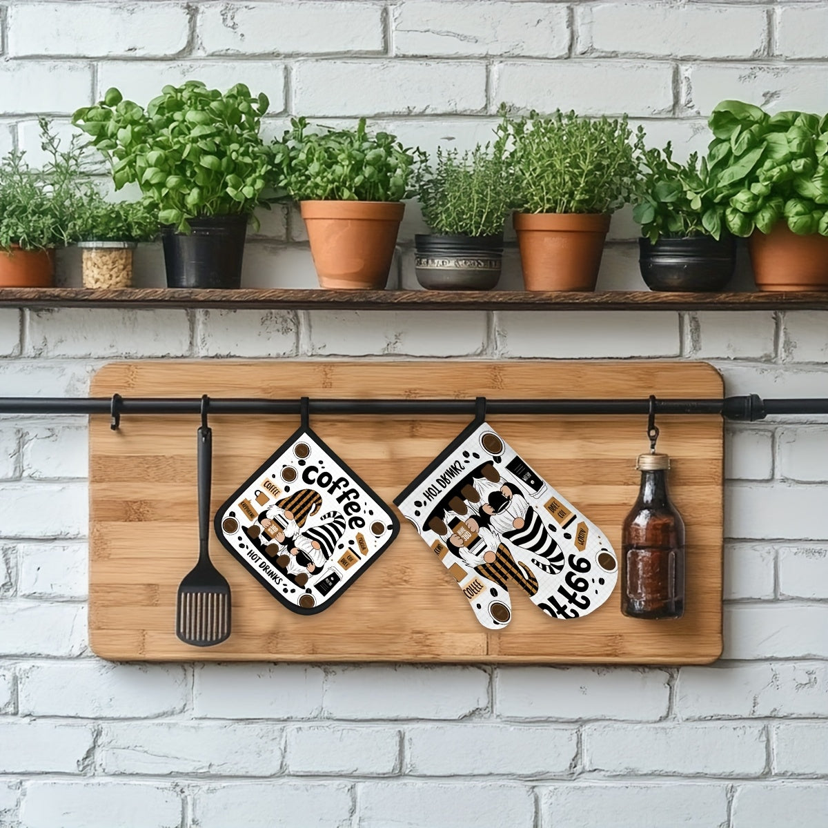 Whimsical Gnome Coffee-Themed Oven Mitt & Pot Holder Set – Heat-Resistant