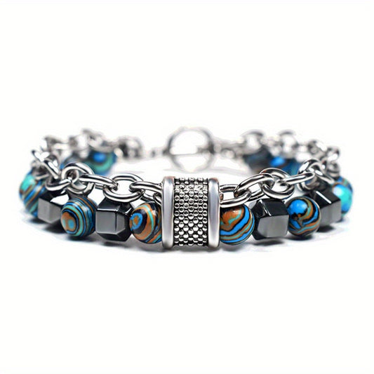 Men’s Double Layer Blue Peacock Hematite Beaded Bracelet – Hip Hop Style, O-T Clasp