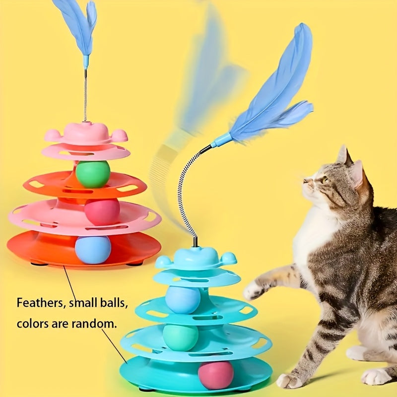 Interactive 4-Layer Cat Toy with Green Nylon Feather Teaser