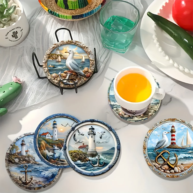 Coastal Lighthouse Wood Coaster Set – Nautical, 4"