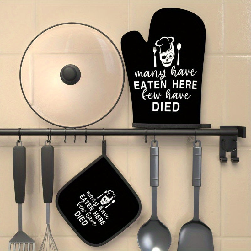"Many have eaten here..." Heat-Resistant Oven Mitt & Pot Holder Set – Black with White