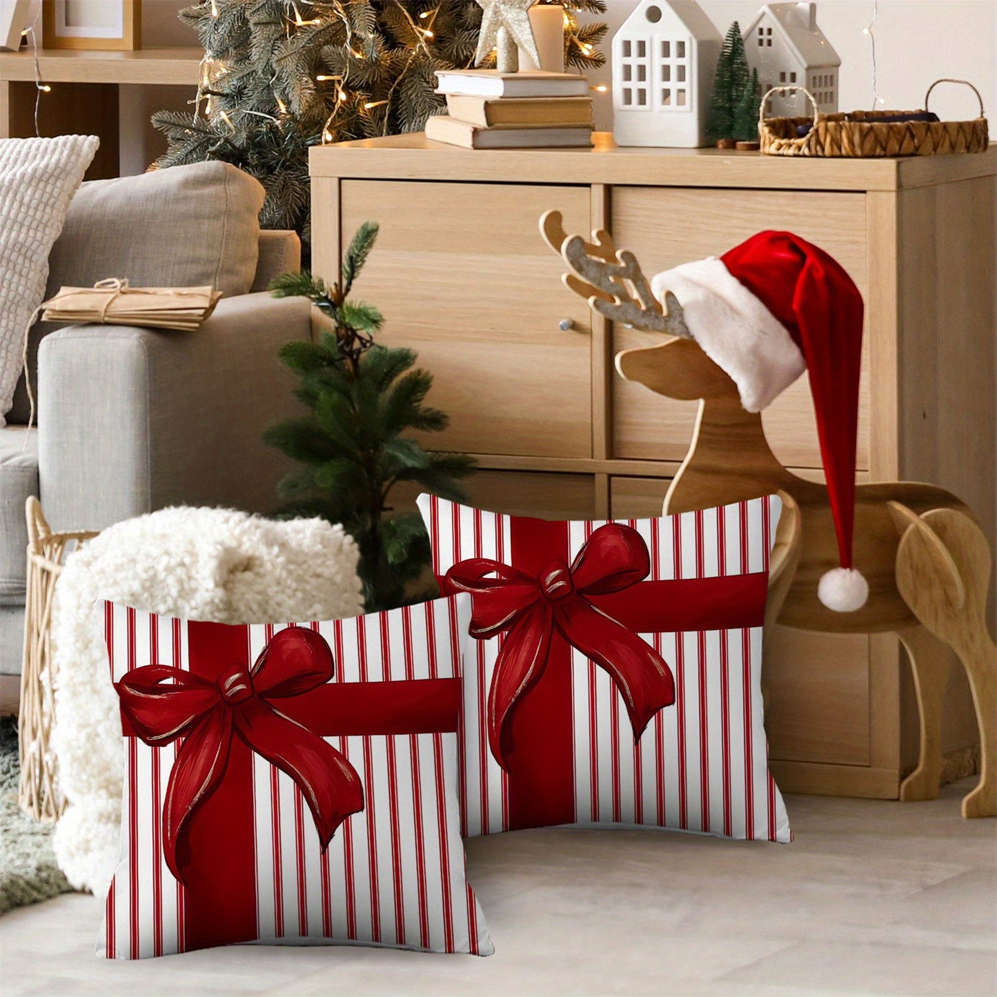 Ribbon Bow Pillow Cover – Red and White Stripe, 18"x18"