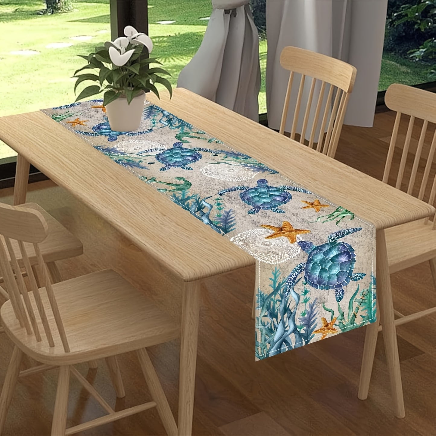 Retro Sea Turtle Linen Table Runner – Nautical Coastal Design (13x48)