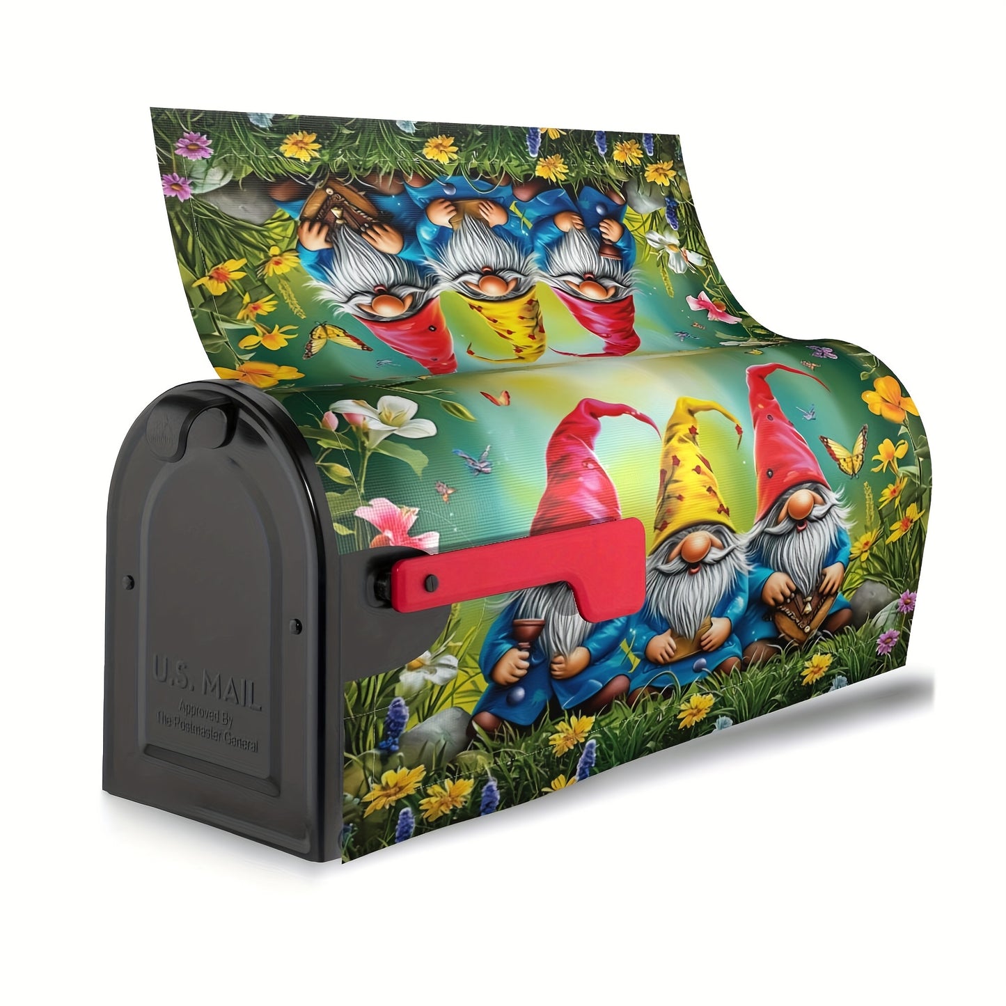 Garden Gnomes with Flowers Mailbox Cover – Adjustable Buckle, 18" x 21"