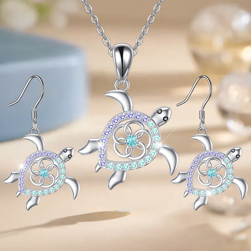 Sea Turtle Shimmer Jewelry Set – Necklace + Earrings (3-Piece Set)