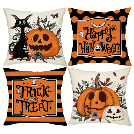 Halloween Cat & Pumpkin Throw Pillow Covers – 18x18" Orange & Black