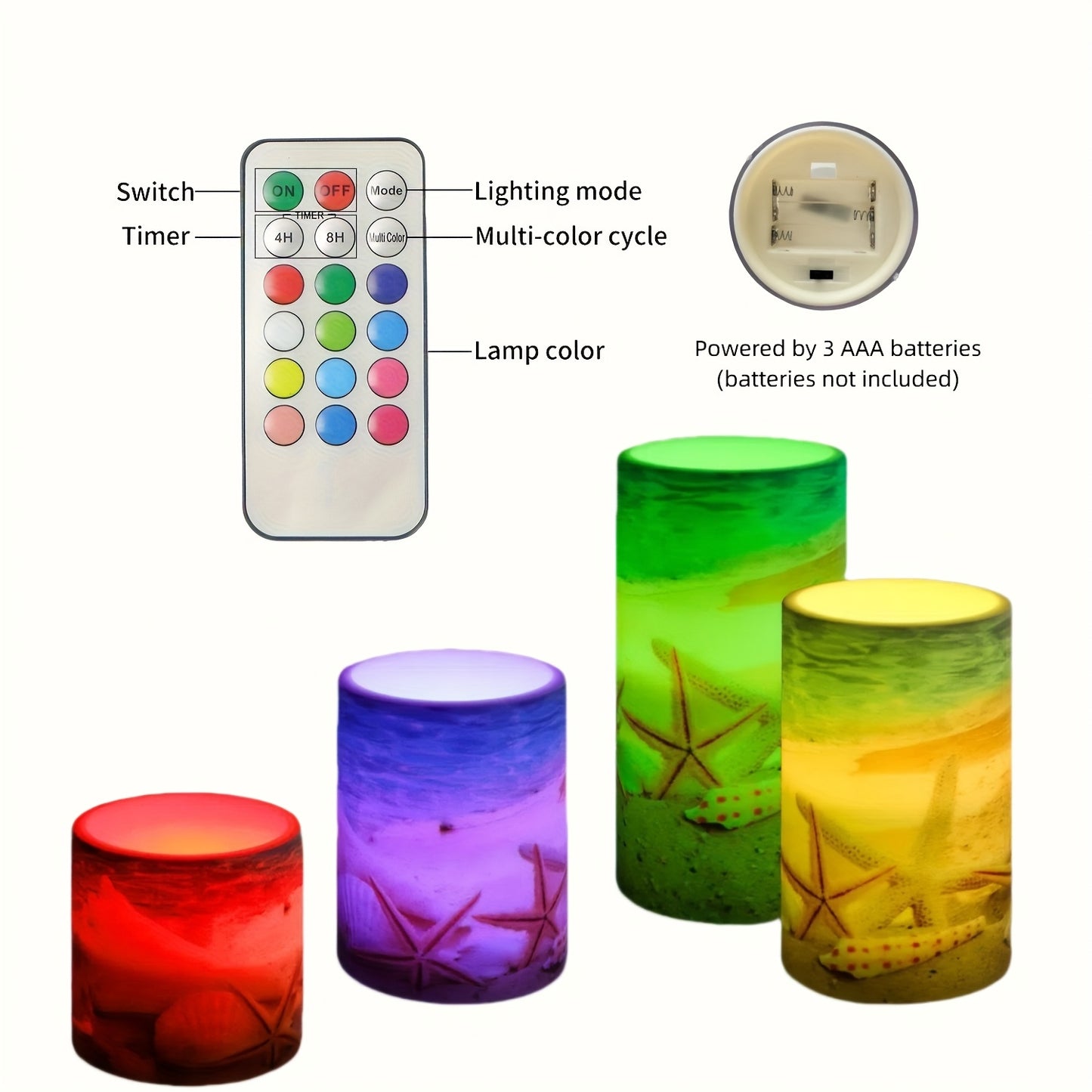4-Piece Blue Flameless LED Candles – Beach Scene with Shells & Starfish, Remote & Timer