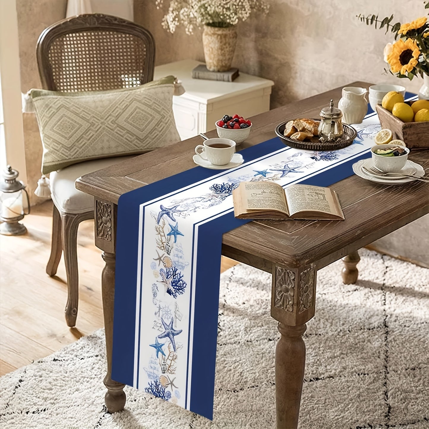 Navy Blue Stripe Table Runner – Classic Nautical, 13" x 48" / 13" x 72" / 13" x 108"