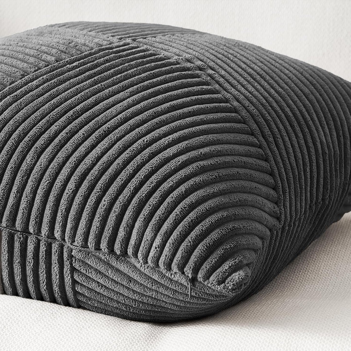 Textured Corduroy Patchwork Pillow Cover with Striped Panels – Gray (18x18)