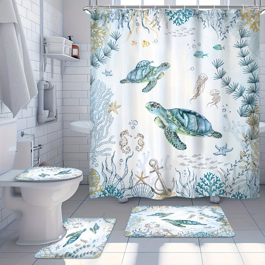 4-Piece Blue Coastal Nautical Bathroom Set – Fish, Coral & Sea Turtle Design