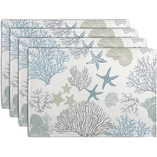 Summer Nautical Coastal Placemats – Set of 4 Ocean & Beach 12x18" Table Mats, Blue Gray Coral Starfish Design