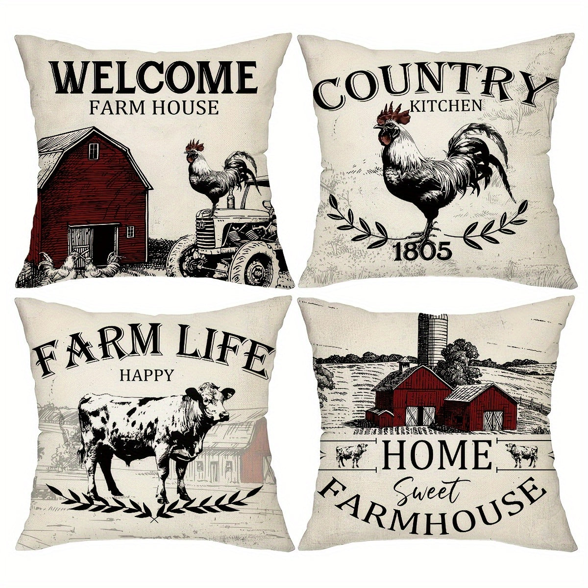 Rustic Vintage Farmhouse Animal Pattern Pillow Covers with Charming Country Décor, 18x18" - Coastal Pillows Plus