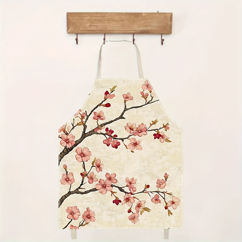 Red & Pink Cherry Blossom Apron – Floral Branch Design, 100% Linen