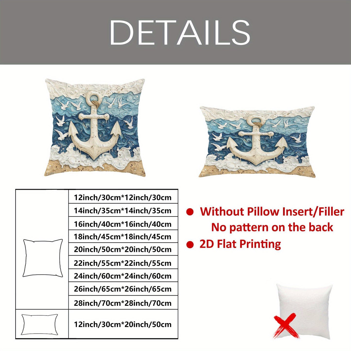 Anchor & Seagull Design Throw Pillow Covers – 12"x20"