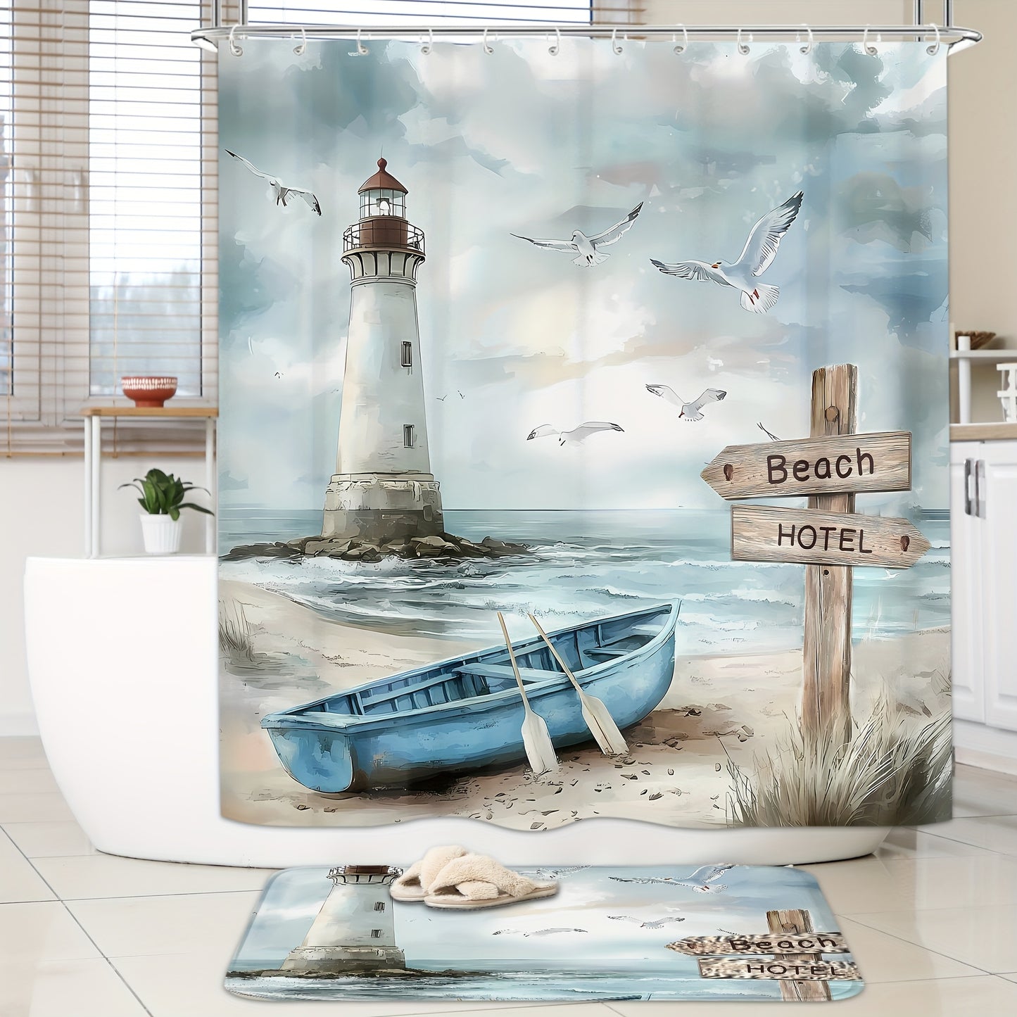 Illustrated Lighthouse & Rowboat Shower Curtain Set (4-Piece) – Soft Blue & Neutral