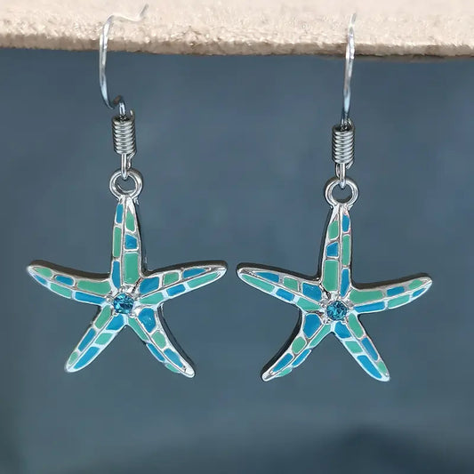 2-Piece Starfish Dangle Earrings – Turquoise Blue & White Mosaic Design with Sterling Silver Post