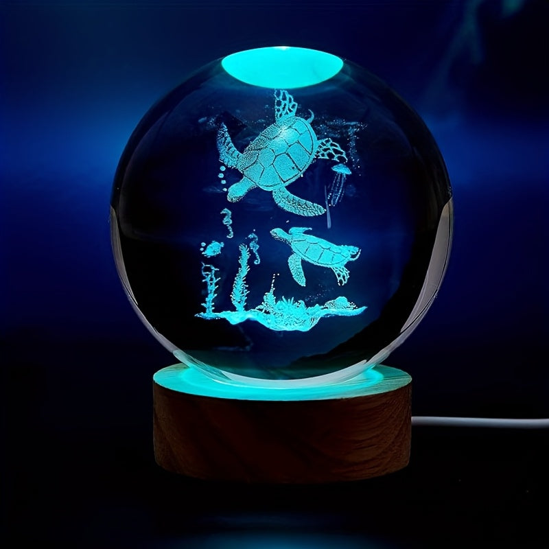 Serene 16-Color USB Powered 3D Turtle Crystal Ball LED Night Light with Wooden Base for Nautical Décor, 2.36" - Coastal Pillows Plus