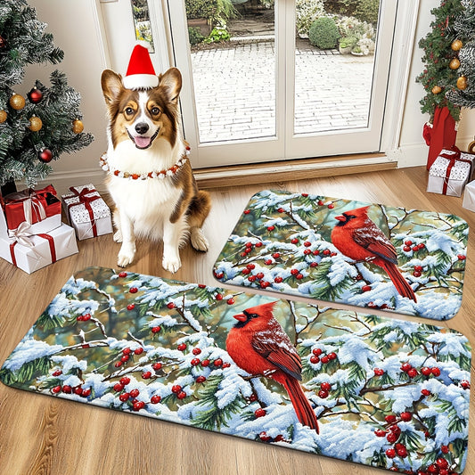 Holiday Cardinal & Pine Branch Door Mats – Non-Slip, Machine Washable, 2.5'x1.5'/4'x1.5'