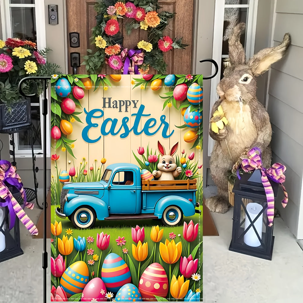 Easter Garden Flag – Vintage Truck & Rabbit Design, 12" x 18"
