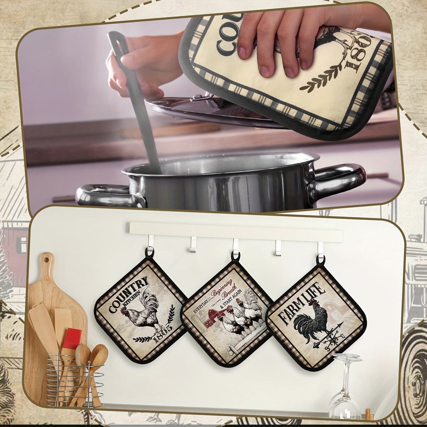 6 Sets of Vintage Rustic Pot Holders with Pockets – Heat-Resistant Kitchen Accessories