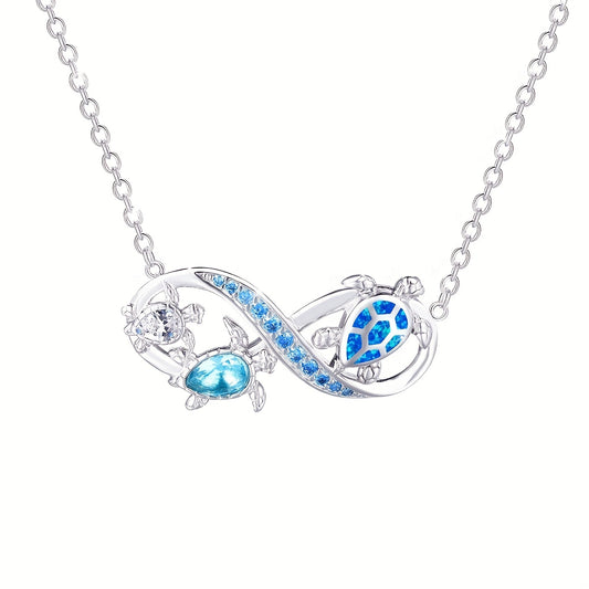 Blue Opal Sea Turtle Infinity Necklace – Ocean Style Pendant for Her
