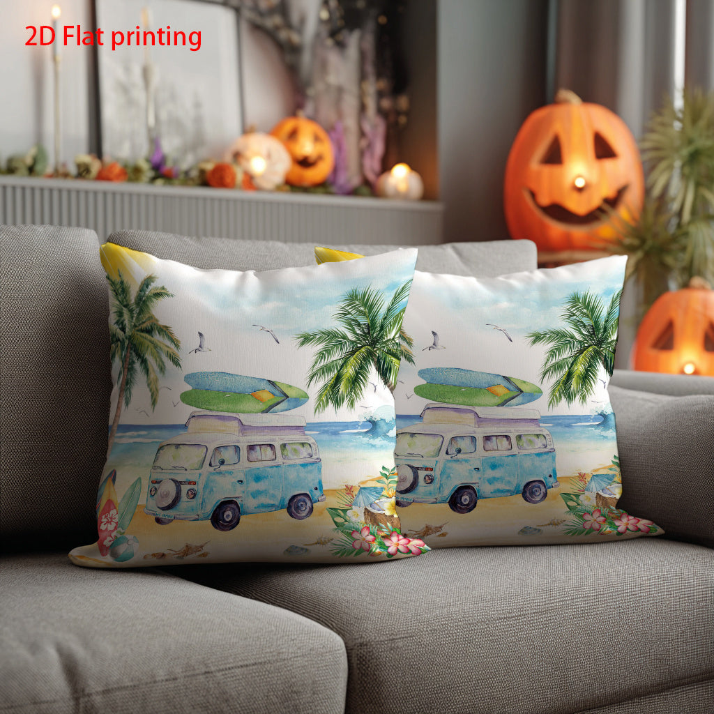 Vintage Beach Scene Throw Pillow Cover – Surfboard, Palm Trees & Blue Van Design, 18x18"