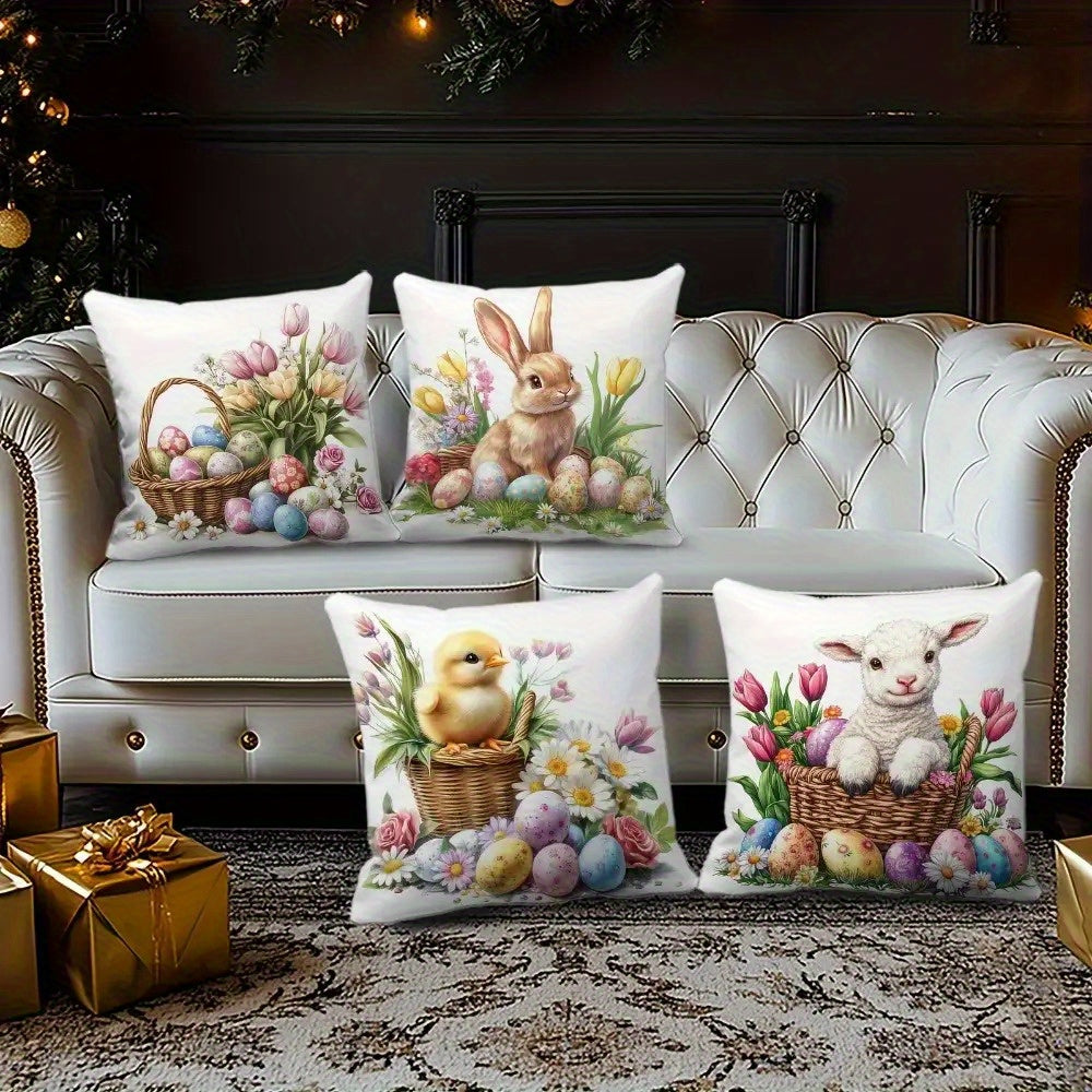 Enchanting 16x16 inch Easter pillow cover featuring watercolor bunny, chick, and lamb illustrations with spring florals for festive décor – Coastal Pillows Plus.