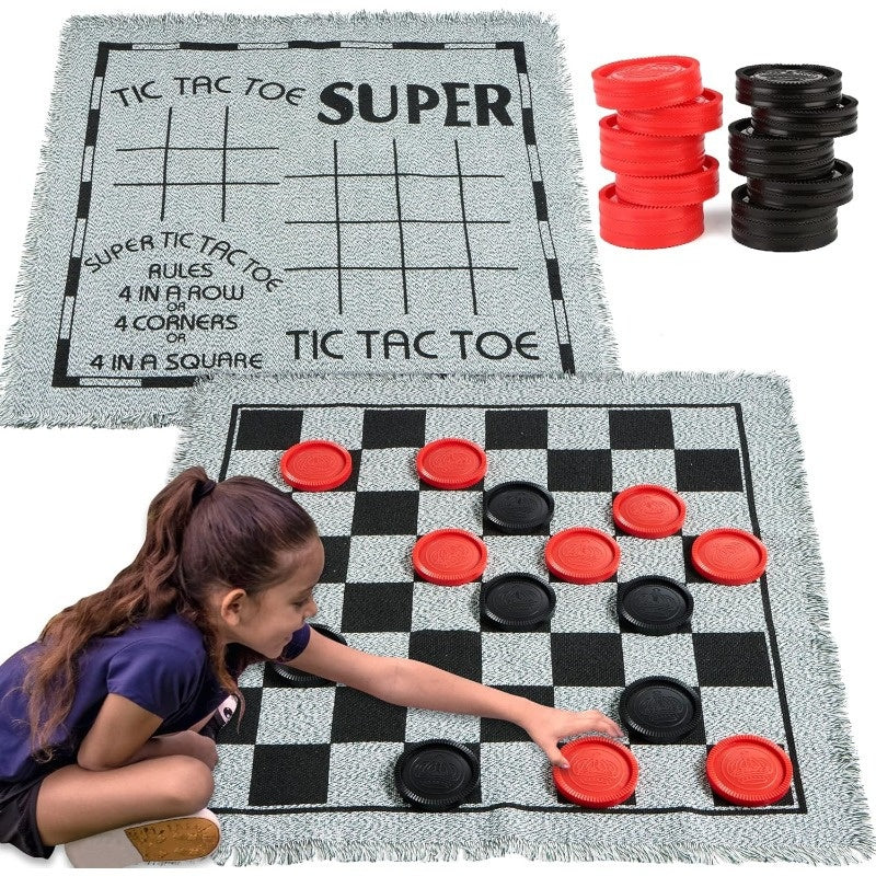 3-in-1 Giant Checkers & Tic-Tac-Toe Set – Reversible Mat for Indoor & Outdoor Fun