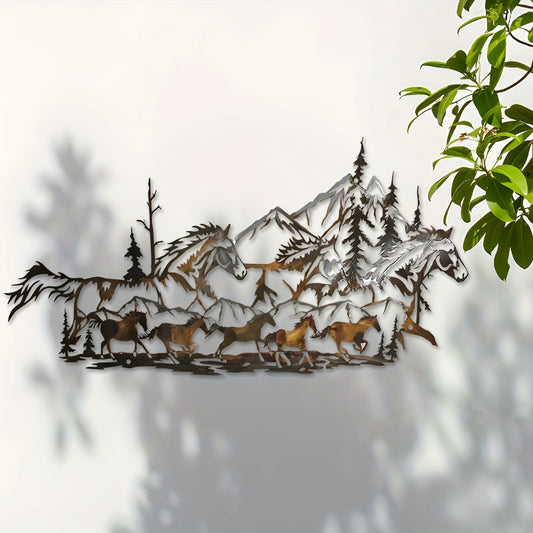 Vibrant Horses Metal Wall Art – Rustic Farmhouse Iron Décor (15.74" x 8.09")