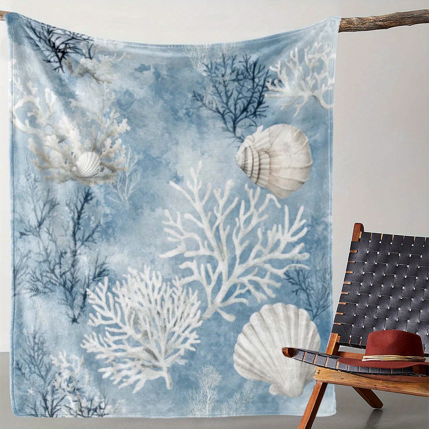 Atmospheric Watercolor Seashell & Coral Flannel Blanket - Soft Teal and Blue Pastel Coastal Pattern, 51x59" Throw - Coastal Pillows Plus