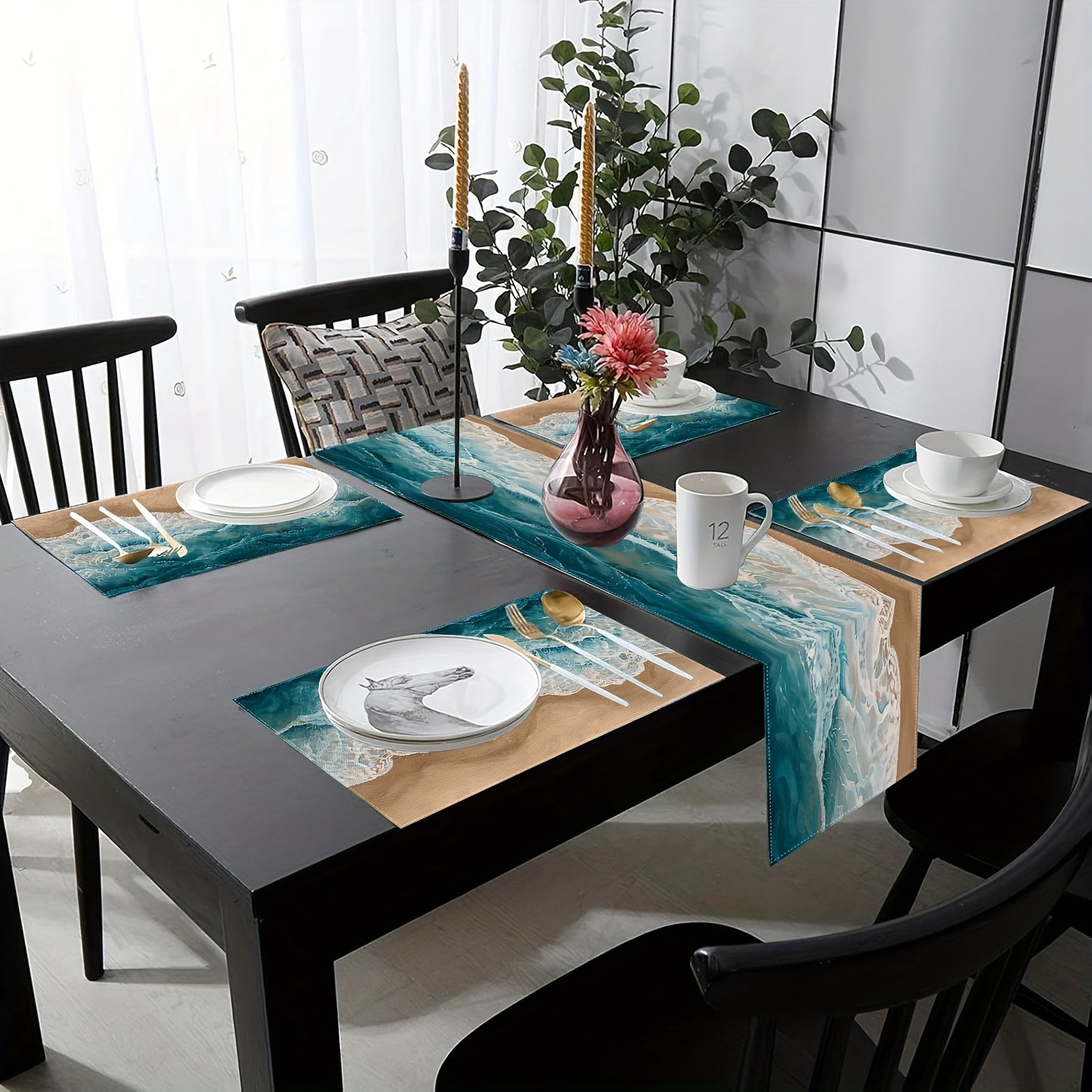 7-Piece Ocean Wave Table Set – Blue Wave Placemats & Table Runner (13x72)