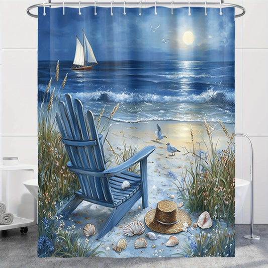 A serene 4-piece coastal beach shower set with a 72" x 72" curtain featuring Adirondack chairs and a sailboat design for nautical décor - Coastal Pillows Plus