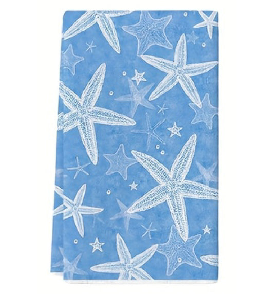 Blue towel with white starfish pattern on a white background