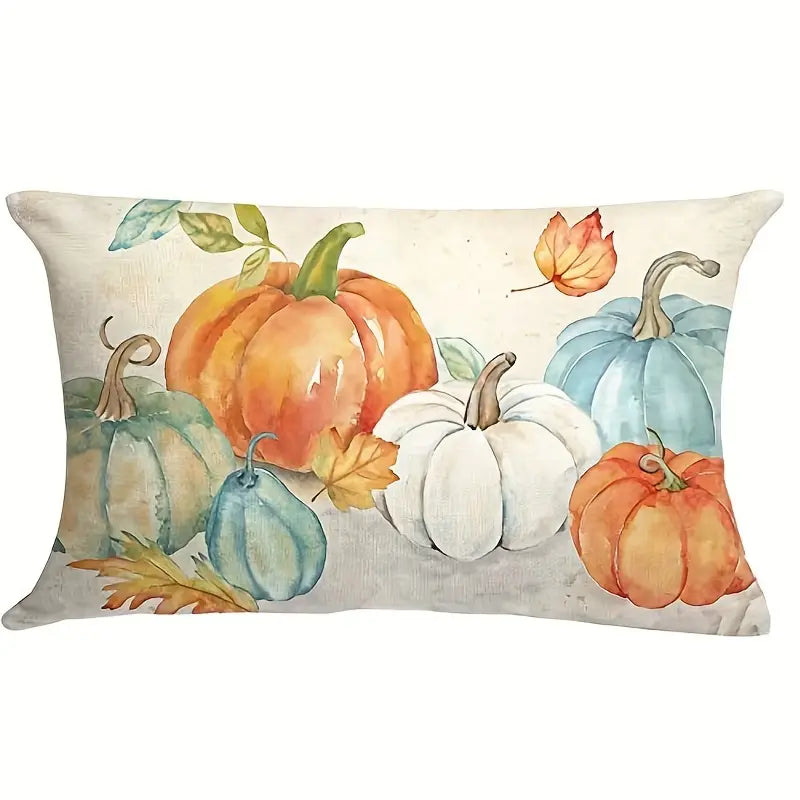 Artful lumbar pillow cover with colorful watercolor pumpkins and fall leaves – Coastal Pillows Plus