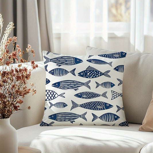 Artistic Bohemian Fish School Throw Pillow Cover with Navy and White Marine Life décor - 18x18" - Coastal Pillows Plus