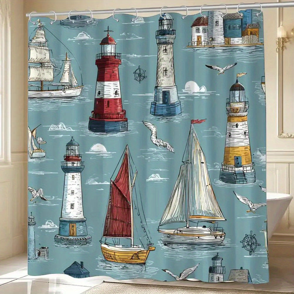 An artistic lighthouse and sailboat nautical shower curtain featuring detailed seaside illustrations, 70.87" x 70.87" for coastal bathroom décor - Coastal Pillows Plus