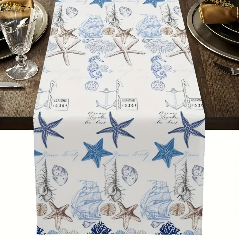 Atmospheric Beach Coastal Sailing Vanity Scarf with Seahorse, Starfish, and Anchor Design - 13x35" Nautical décor