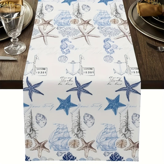 Atmospheric Beach Coastal Sailing Vanity Scarf with Seahorse, Starfish, and Anchor Design - 13x35" Nautical décor