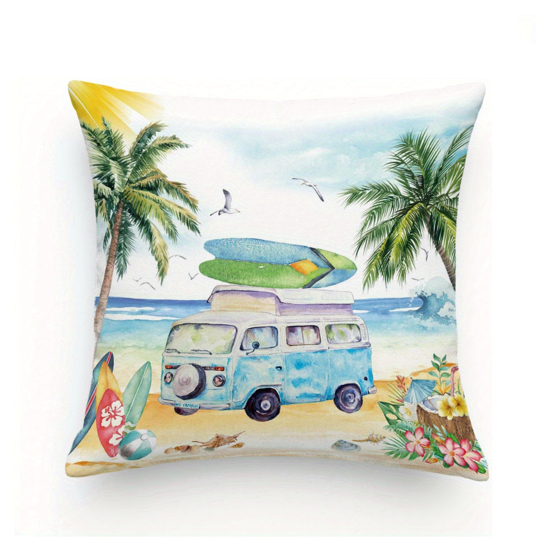 Atmospheric Vintage Beach Scene Throw Pillow Cover with Surfboard, Palm Trees, and Blue Van décor - 18x18" - Coastal Pillows Plus