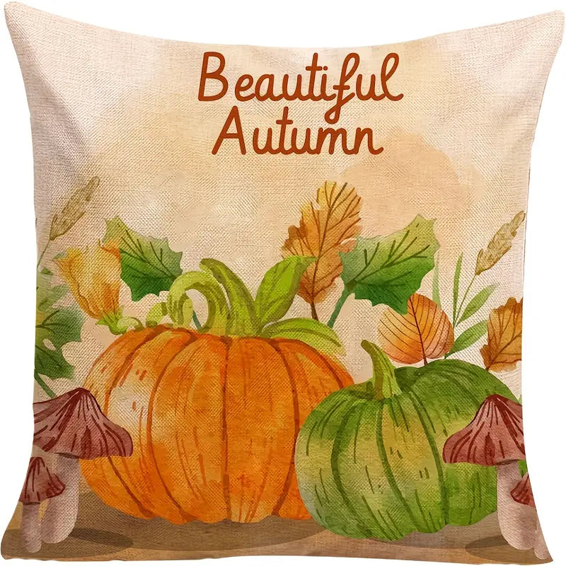 Linen pillow cover with Beautiful Autumn text above orange and green pumpkins with mushrooms and fall leaves.