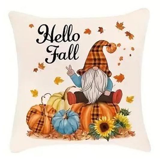 Linen pillow cover with “Hello Fall” text and seated gnome surrounded by pumpkins and falling leaves.